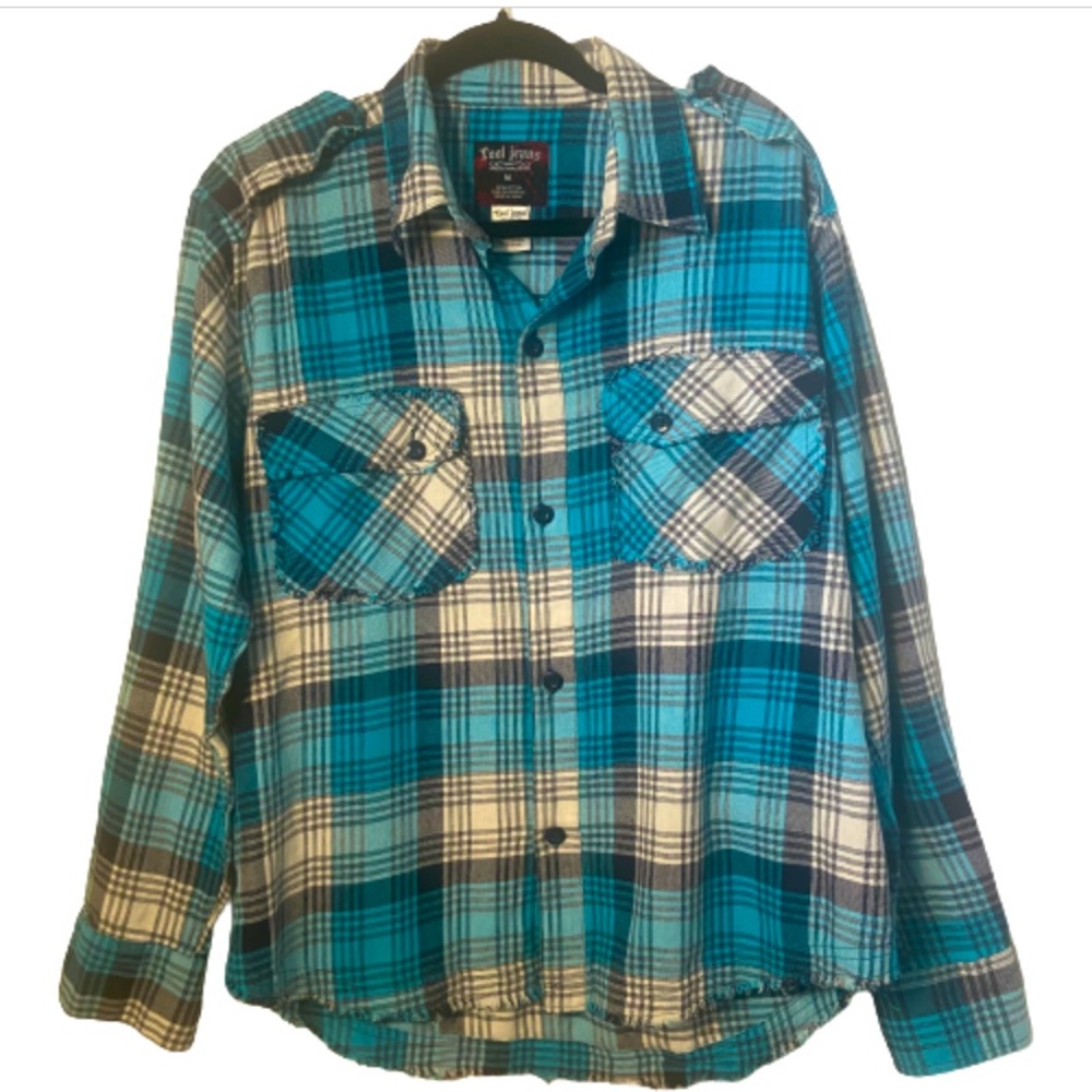 Tool Jeans Womens Top Medium Blue Blouse Flannel Button Casual Distressed